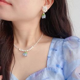 Choker Ins Cute Young Girl Natural Pearl Tulip Pendant Necklace Women Elegant Wedding Jewellery Handmade Fashion Party Earrings