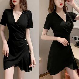 Casual Dresses Sexy V-neck Woman Korean Black Asymmetrical Folds Pleated Slim Mini For Girls