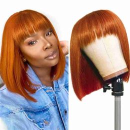 Hair Wigs Straight Bob Human Orange Colored Short Wig with Bangs Full Machine Brazilian Glueless for Women 230510