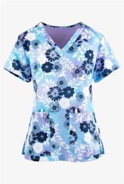 Women's TShirt Printed nurse uniform floral female shortsleeved work scrub cartoon printed shirt nursing top 230510