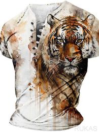 RUKAS Shirt Henry Graphic Animal Tiger Henry Clothing 3D Printing Casual Sports Short Sleeve Button Printing Fashion Original Pattern Retro