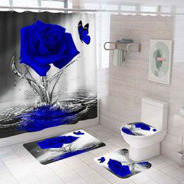 Shower Curtains Blue Rose Flowers Waterproof Bathroom Curtain Set Polyester Toilet Seat Cover Bath NonSlip Mat Rug Carpet Home Decor 230510