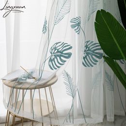 Curtain Embroidered Palm Leaves Tulle Window For Living Room Bedroom Plant Voile Sheer s Kitchen Treatments Panel Drapes 230510