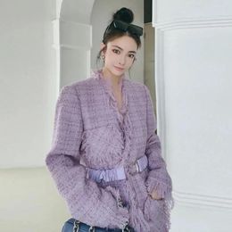 Women's Jackets Autumn Winter Fashion Purple Mid-length Small Fragrance Style Tweed Coats Womens Slim Heavy Industry Tassel Overcoat