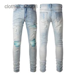 designer jeans Men's Jean Amirres Denim Mens Pants TrendHigh Street Light Blue Perforated Jeans Patch Slim Fit Elastic Tight Feet YQ5P