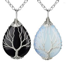 Pendant Necklaces Water Drop Tree Of Life Pendants Necklace Silver Colour Wire Wrap Chakra Black Onyx Opal Stone Women Men Reiki Jewellery