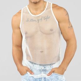 Men's T Shirts Sexy Men Sleeveless Mesh Sheer Tops Outwear Gym Training T-Shirt Fish Net Hollow Out See Through Sporting Clothing