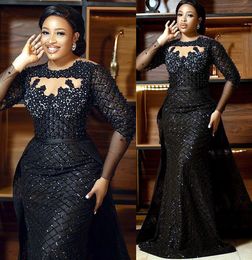 2023 May Aso Ebi Black Mermaid Prom Dress Pearls Sequined Lace Evening Formal Party Second Reception Birthday Engagement Gowns Dress Robe De Soiree ZJ194