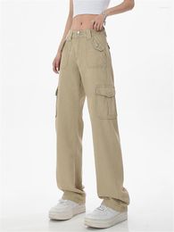 Women's Jeans Summer Women Bottoms Khaki Vintage Cargo Fashion Pocket High Waist Wide Leg Pants Casual Street Baggy Denim Trouser Ladies