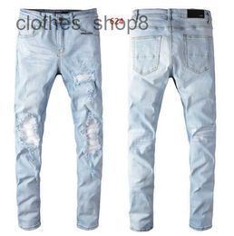 designer jeans Men's Jean Amirres Denim Mens Pants Brand High Street Blue Perforated Jeans Patch Slim Fit Elastic Price 17AM