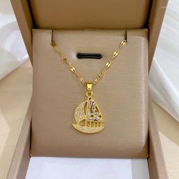 Pendant Necklaces Gold Color Rhinestone Ship Boat Sailboat Charm Choker Jewelry Handmade Chain Necklace Gift Stainless Steel