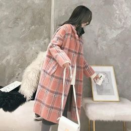 Women's Wool Long Imitation Mink Fleece Coat For Autumn/Winter 2023 Korean Plaid Cardigan Women's Thick Woolen Female Spring Jacket 973