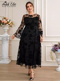 Plus size Dresses Add Elegant Autumn Plus Size Flower Mesh Cover Dresses for Women Flare Sleeve Sweet Female O Neck Waist Midi Dress B1095 230511