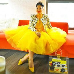 Skirts Lovely Candy Yellow Tulle Skirt High Waist Mid-Calf Tiered Colorful Women Fashion Maxi Saia Longa Faldas