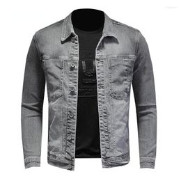 Men's Jackets 2023 Light Grey Denim Jacket Men's Cotton Foldover Collar Slim Fit Fashion Versatile Casual Long Sleeve