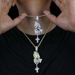 Chains Wholesale High Quality Full Cz Paved Pray Hand Cross Pendant With Rope Chain Long Necklace For Men Boyfriend Hip Hop Jewellery