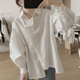 Women's Blouses Irregular Shirt Blouse Women Spring Autumn Loose Front Short Back Long Lantern Sleeve Cotton Female Top