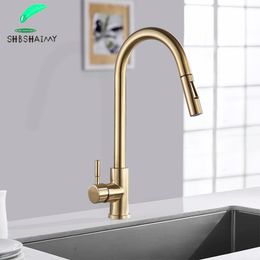 Kitchen Faucets SHBSHAIMY Nickle Gold Stainless Steel Pull Down Stream Sprayer Deck Mount Water Sink Taps Black Brushed 230510