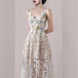 Casual Dresses 2023 Summer Temperament Embroidered Flowers Lace Party Dress Sexy V-Neck Spaghetti Strap Mid-length Robe