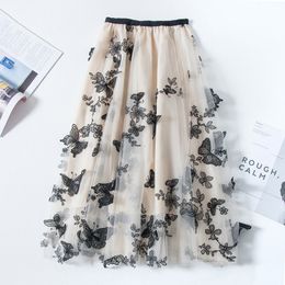 Skirts Long Tulle Skirt Women Vintage Butterfly Embroidery Elastic High Waist A-Line Mesh Pleated Skirt Female Midi Skirt Faldas Jupe 230511