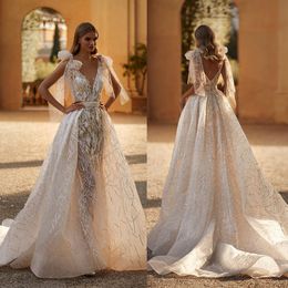 Graceful Mermaid Wedding Dresses Deep V Neck Lace Bridal Gown Custom Made with Detachable Train Wedding Gowns