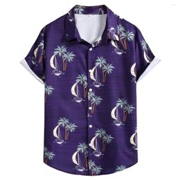 Men's Casual Shirts Sailing Boat Palm Tree Print Tropical Beach Men 2023 Brand Short Sleeve Button Up Hawaiian Shirt Clothing XXL