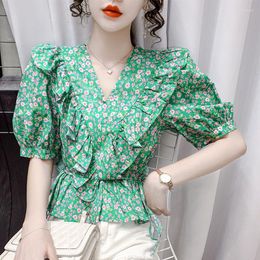 Women's Blouses Office Lady Broken Flower Printed Shirt Summer Elegant V-Neck Spliced Casual Ruffles Women's Clothing Slim Drawstring