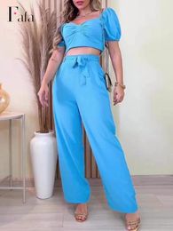 Women's Two Piece Pants Solid Wide Leg Pants Two Piece Set Women Puff Short Sleeve Crop Top And Loose Trouser Outfits Fashion Office Lady Casual Suits 230511
