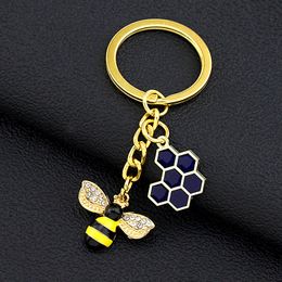 Cute Women Hexagon Honeycomb Rhinestone Bee Keychain Couple Insect Key Ring Chains Charm Bag Keyring Accessories