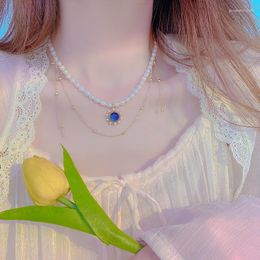 Pendant Necklaces French Retro Natural Freshwater Pearl For Women Elegant Blue Moonstone Sun Flower Pendent Tassel Statement Jewelry