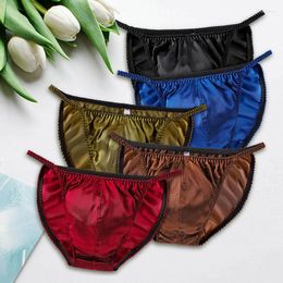 Underpants Men Silk Briefs Sexy Seamless Underwear Soft Breathable Satin Strings Fashion Pure Colour Luxury Panties