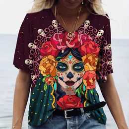 T-Shirt Fashion Blouses 2023 3D Joker Print Colourful Skull V-Neck Women's Clothing Super Large Summer Top T-shirt P230523