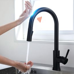 Kitchen Faucets Black Smart Touch Crane For Sensor Water Tap Sink Mixer Rotate Faucet 1005 230510