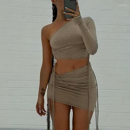 Work Dresses BKLD Women Two Piece Outfits 2023 Autumn Clothes One Shoulder Long Sleeve Crop Top Slim Side Drawstring Skirt Set Solid