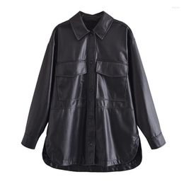 Women's Leather & Faux Women Fashion Black Jacket Casual Pockets Long Sleeve Buttons Loose Shirt Coat Chic Outwear Tops FemaleWomen's