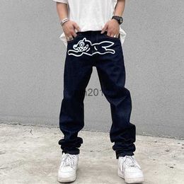 Men's Jeans High Street Men Flying Dog Print Straight Loose Casual Denim Pant Vintage Harajuku Washed Trousers Hip Hop Streetwear Male5KBD