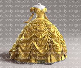 Bright Gold Princess Quinceanera Dresses Off Shoulder Pleated Puffy Skirt Belle Costume Lace-up Corset Gothic Prom Brithday Gown