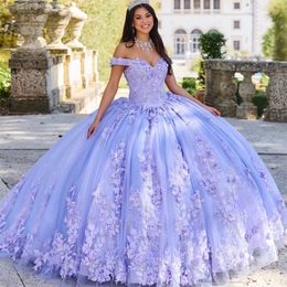 Princess Lavender Quinceanera Dresses Sweet Off Shoulder Lace 3DFlowers Applique Ball Gown 15 16 Prom Dress Birthday Party Wear