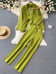 Women's Two Piece Pants Women Elegant Blazer Three Piece Sets Sexy Tank Tops Loose Jacket and Slim High Waisted Long Pants Suits Woman Outfits 230511