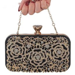 Evening Bags Hollow Out Metal Flower Shape Handbags New Sequin Rhinestone Party Clutch Bag Black Gold Silver Wedding Clutches Purse 230427