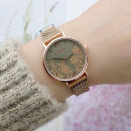 Wristwatches Elegant Steel Mesh Ladies Watches Fashion Luxury Women Wristwatch Flower Magnetic Band Rose Gold Female Clock Gift Drop