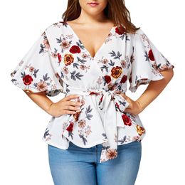 Women's Blouses Shirts V-neck Fashion Womens Floral Print Plus Size Belted Surplice Peplum And For Ladies Harajuku Lady Jumper 230510