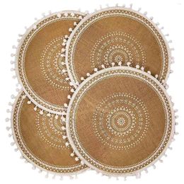 Table Mats Round Placemats Set Of 4 Boho Woven Jute With Pompom Tassel For Dining Room Kitchen Decor(White Ball)
