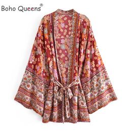 Swimwear Boho Queens Vintage Red Floral Print Sashes Kimono Women Bohemian V Neck Batwing Sleeves Happie Short Robe Coverup