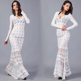 Casual Dresses High Quality Embroidered Runway Maxi Dress Women's Party Long Sleeve V-neck Big Swing Floor-length White