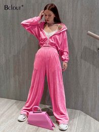 Women's Two Piece Pants Bclout Spring Pink Velvet Pants Sets Womens 2 Pieces Fashion Long Sleeve Loose Sweatshirts Sports Wide Leg Trousers Suits Female 230511