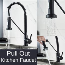 Kitchen Faucets Brass Deck Mounted Pull Out Mixer Sink Tap Black Cold Spring Style Spray 360 Rotation Single Handle Shower