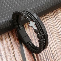 Classic Fashion Cross Leather Bracelet For Men Alloy Buckle Multilayer Tiger Eye Bead Leather Bracelet High Quality Jewellery Gift