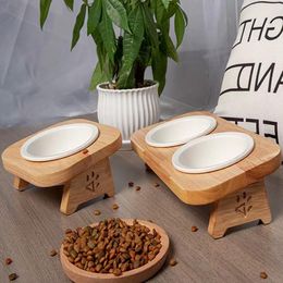 Feeding Bamboo Frame Bowls Cat Dog Feeders Bowl Ceramic Stainlerss Steel Neck Care Pet Food Tableware Water Bowl Pet Supplies