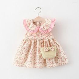 Girl Dresses Summer Kids Birthday Party Dress Bag Suit Doll Collar Flower Infant Baby Girls Princess Outfits Cotton Children Clothing